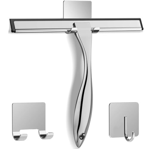All-Purpose Stainless Steel Shower Squeegee for Shower Glass Door with 2 Adhesive Hooks, Bathroom Cleaner Tool Household Window Mirror Squeegee , Cleaning Tile Wall, Car, 10 Inch Silver | Amazon (US)