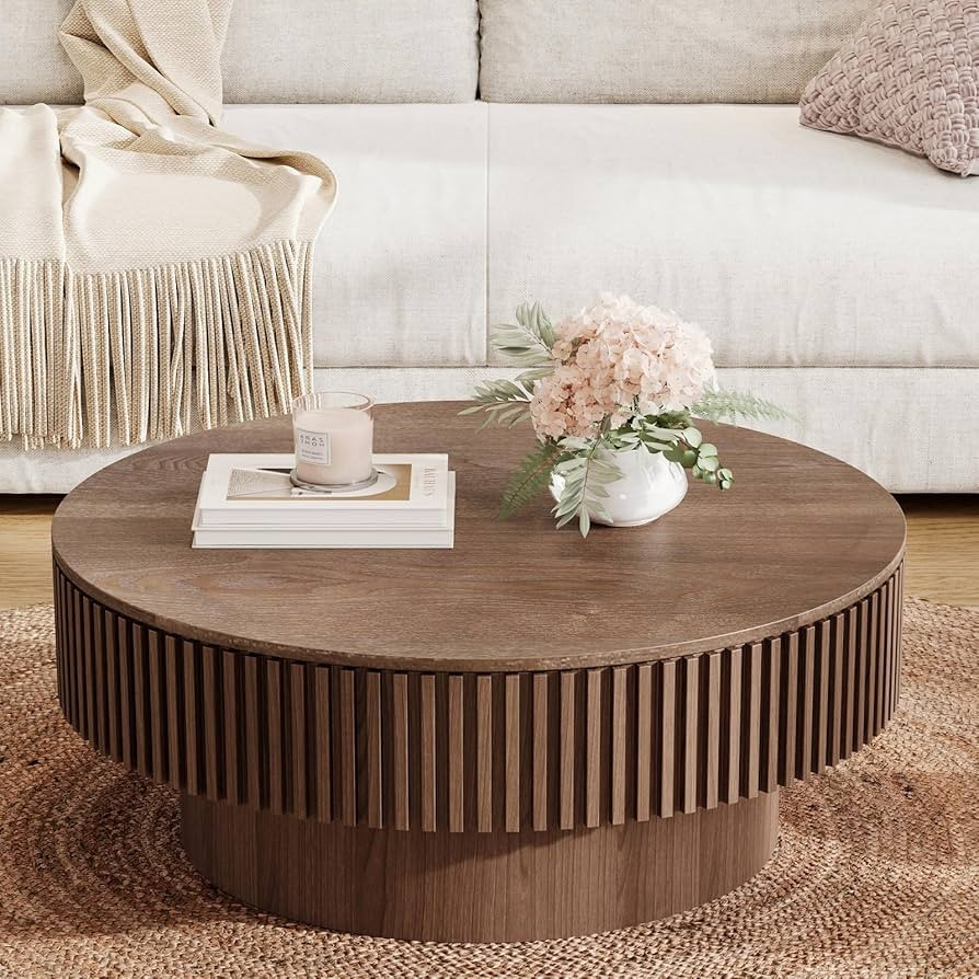 31.5'' Round Coffee Table with Storage, Modern Luxury Circle Drum Center Tables with Solid Wood V... | Amazon (US)