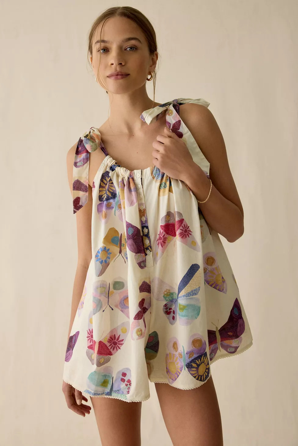 Out From Under Sweetie Pie Tie-Strap Cotton Sleep Romper | Urban Outfitters (US and RoW)