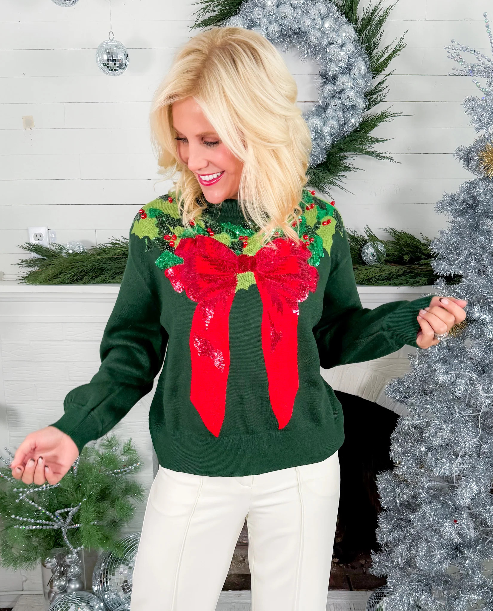 Queen of Sparkles Wreath Around Neck Green Sweater | Clover and Bee | Clover + Bee