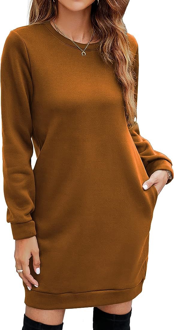 Amazon.com: Miselon Women's Long Sleeve Pullover Sweatshirt Dress Sweater Dress with Side Pockets... | Amazon (US)