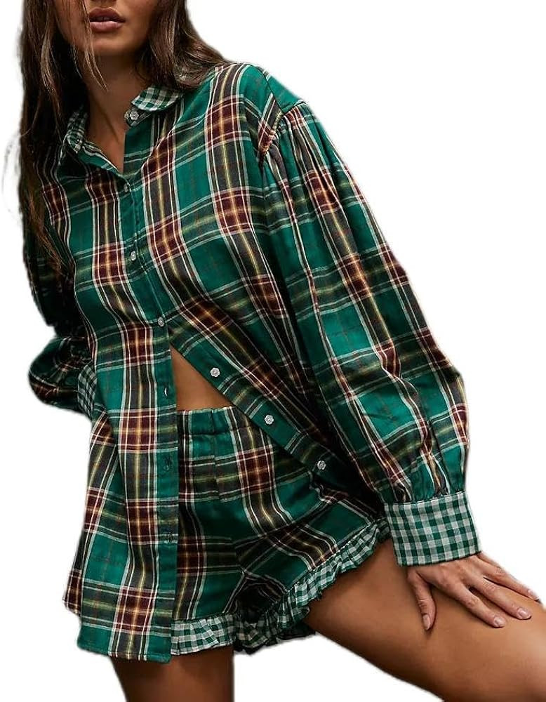 LILTWIST Womens Checkered Stripe Pajama Sets Long Sleeve Shirt Shorts Pjs 2 Piece Button Down Flo... | Amazon (US)