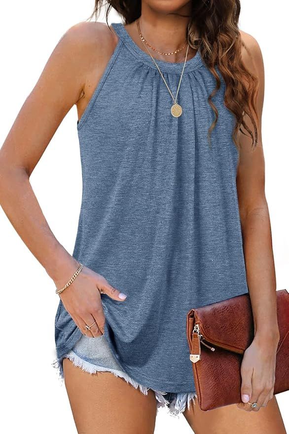 Sieanear Tank Top for Women Summer Halter Tops Pleated Sleeveless Cami Shirts | Amazon (US)
