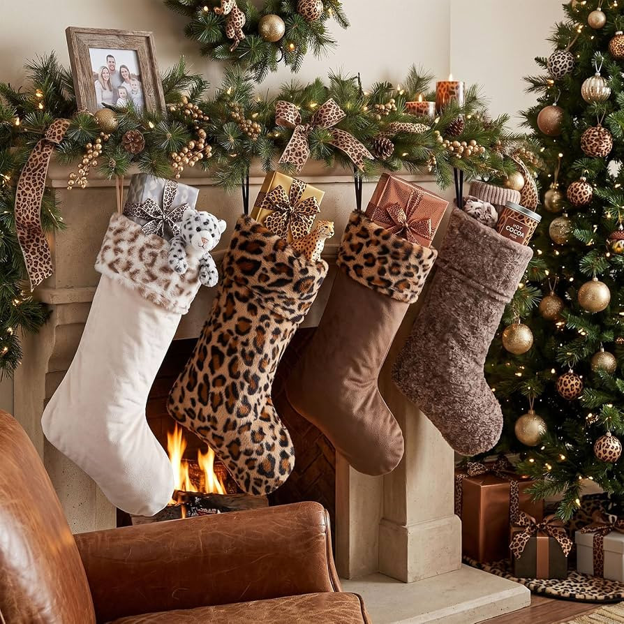 Large Brown Hanging Stocking, Christmas Plush Animal Print Ornament, for Xmas Fireplace Tree Mant... | Amazon (US)