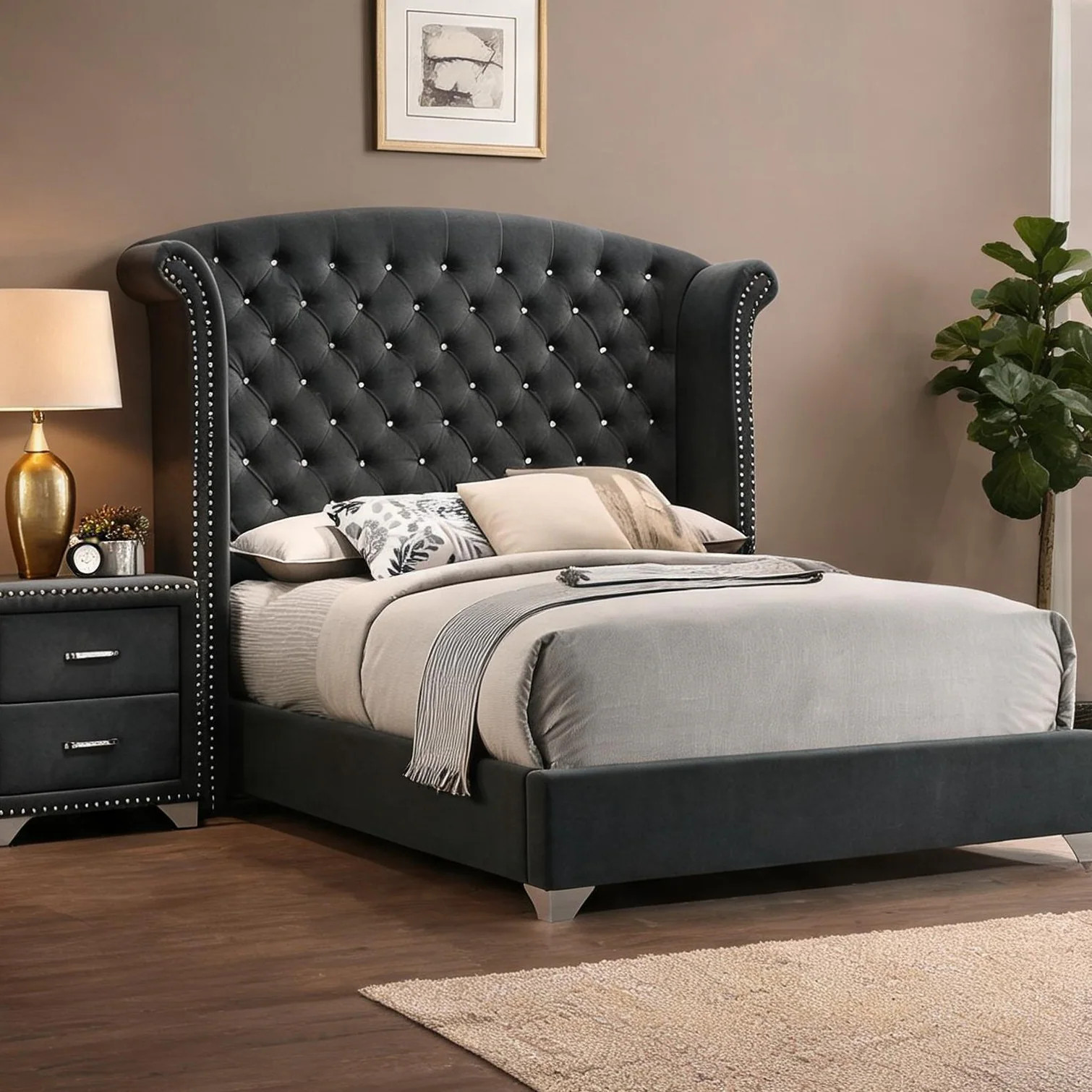SunJet Upholstered Wingback King Bed with Tufted Headboard Neutral Gray Fabric one_size | RSJG61NIL4BM | Lowe's