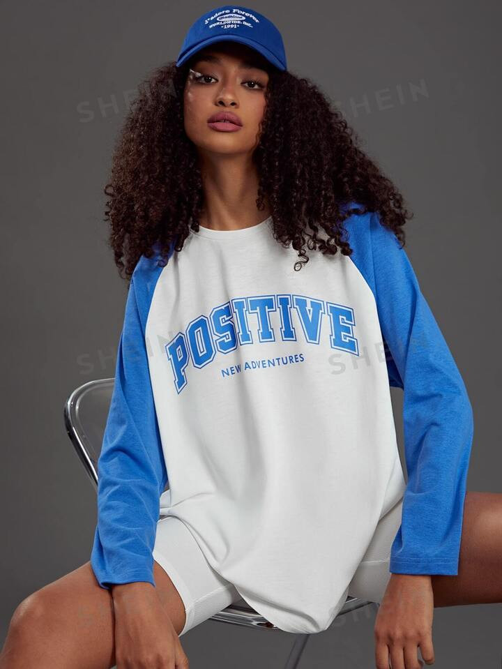 evoluSHEIN Letter Graphic Raglan Sleeve Tee | SHEIN