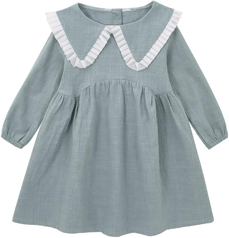 Toddler Baby Girls Cotton Linen Dress Doll Lace Collar Back Button Down Long Sleeve Fall Winter Casu | Amazon (US)