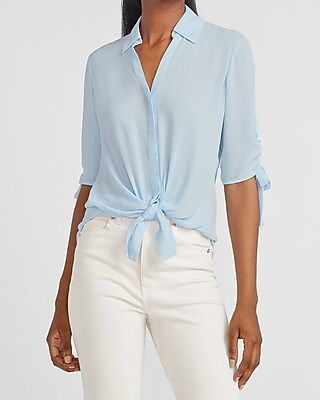 Tie Sleeve Button-Up Shirt Blue Women's XXS | Express