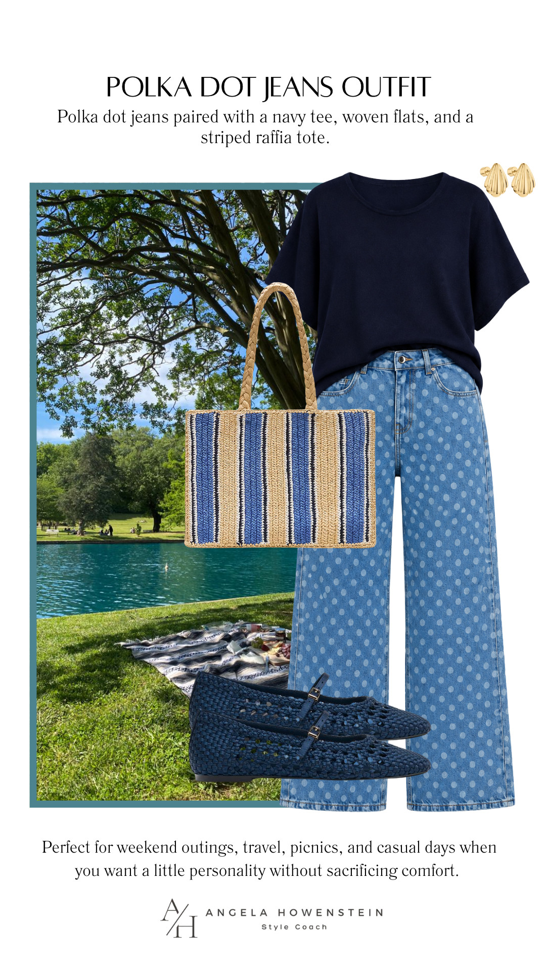 Polka dot jeans are such a fun way to add personality to your everyday wardrobe! 💙 I paired them with a classic navy tee, woven flats, and a striped raffia tote for an easy outfit that’s perfect for weekend outings, sightseeing, or a picnic in the park.

👩‍💻 LTK PRO TIPS
❤️ Heart = Support my posts ;-)
🔖 Save = Get sale & restock alerts for the things you love!
📋 Lists = Keep favorites organized (List ideas: Christmas, Birthdays, and Vacations!)
📲 Share = Send lists and products to a friend (or your daughters like me).
💬 Comment = Ask me anything, and I’ll answer. ;-) 

 #LTKootd #LTKSeasonal #LTKOver40