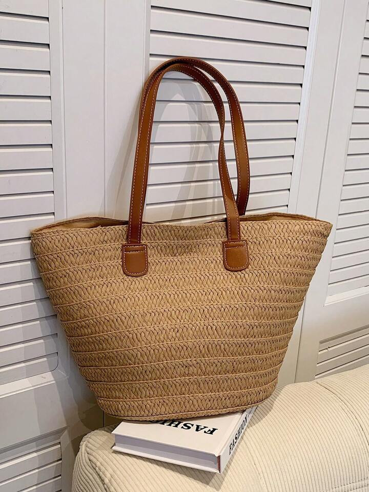 Straw Bag Straw Woven Handbag, Beige Women Tote Bags, Large Capacity Portable Beach Holiday Bag, Double Handle Shoulder Bag, Lunch Bag, Business Bag, Women's Stylish Shopping Bag For Teen Girls Women College Students, White-Collar Workers, Teacher Perfect For School, College, Work, Business, Commute, Outdoors, Travel, Outings, Holiday, Teacher's Day, Ideal Gift For Mom Women, Vacation Bag For Summer, Best Teacher Appreciation Gift, | SHEIN
