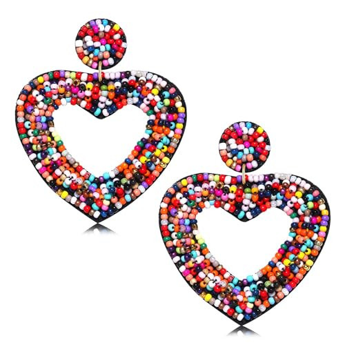 CEALXHENY Beaded Drop Earrings Handmade Seed Bead Heart Hoop Dangle Earrings Bohemia Statement Earring Studs for Women (Multicolor) | Amazon (US)