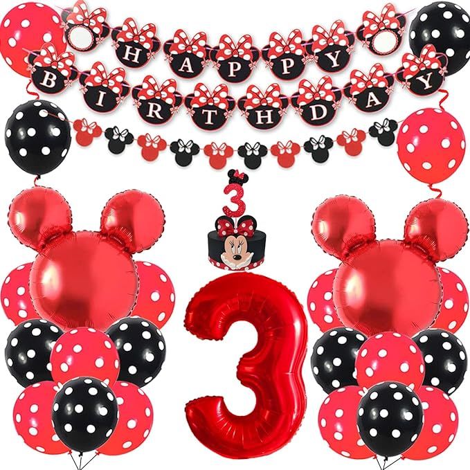 Funmemoir Minnie 3rd Birthday Decorations Party Supplies Red and Black - Happy Birthday Banner Fe... | Amazon (US)