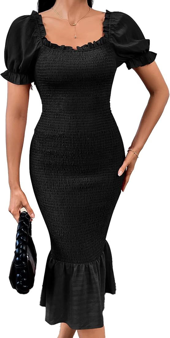 PRETTYGARDEN Women's Summer Floral Midi Bodycon Dresses Short Puff Sleeve Square Neck Ruffle Hem Mer | Amazon (US)