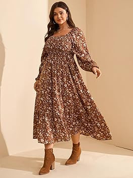 RWJ Women's Plus Size Fall Dress Long Sleeve Square Neck Floral Print Smocked A Line Boho Flowy M... | Amazon (US)