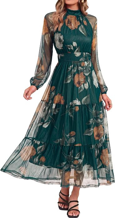 Simplee Womens Floral Wedding Guest Maxi Dress Flowy Mesh Fall Dress | Amazon (US)