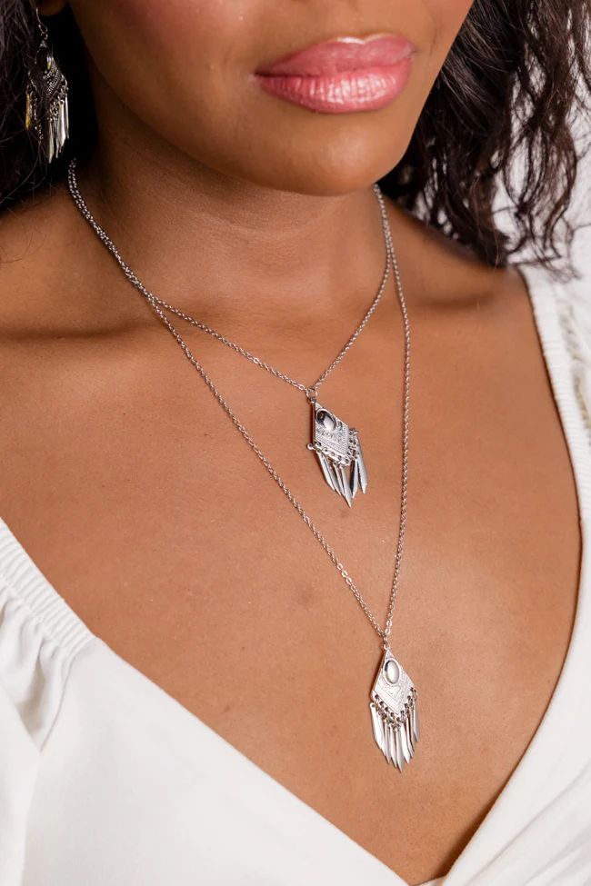 Silver Fringe Pendant Necklace | Pink Lily