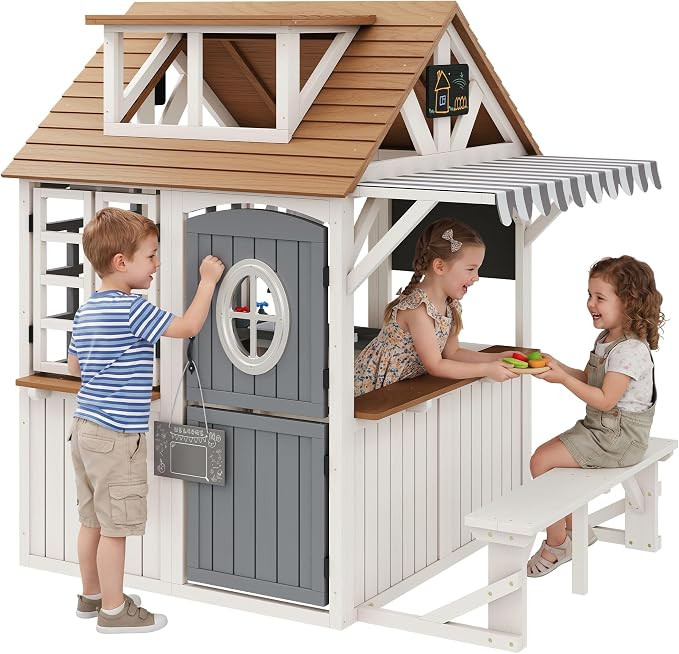 Albott Outdoor Wooden Playhouse with Kitchen Playset, Backyard Cottage Playhouse for Kids with Be... | Amazon (US)