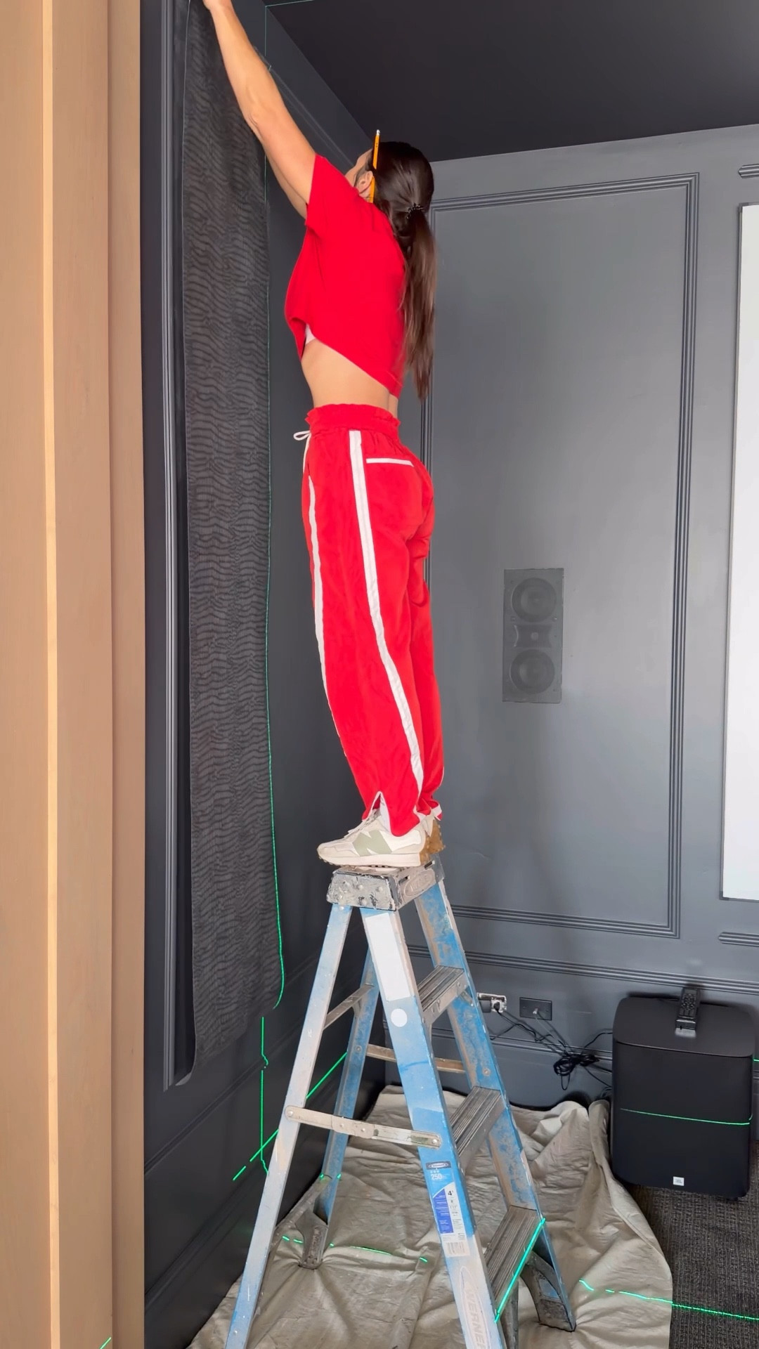 Carpet is called cyberspace by Anderson tuftex!
Textured dark wallpaper for a color drenched room. 
Wallpaper tools and paste
Animal texture wallpaper 
Red jogger pants and red t shirt for casual mom outfit. 
Free people look alike pants 

#LTKdayinmylife #LTKSaleAlert #LTKHome