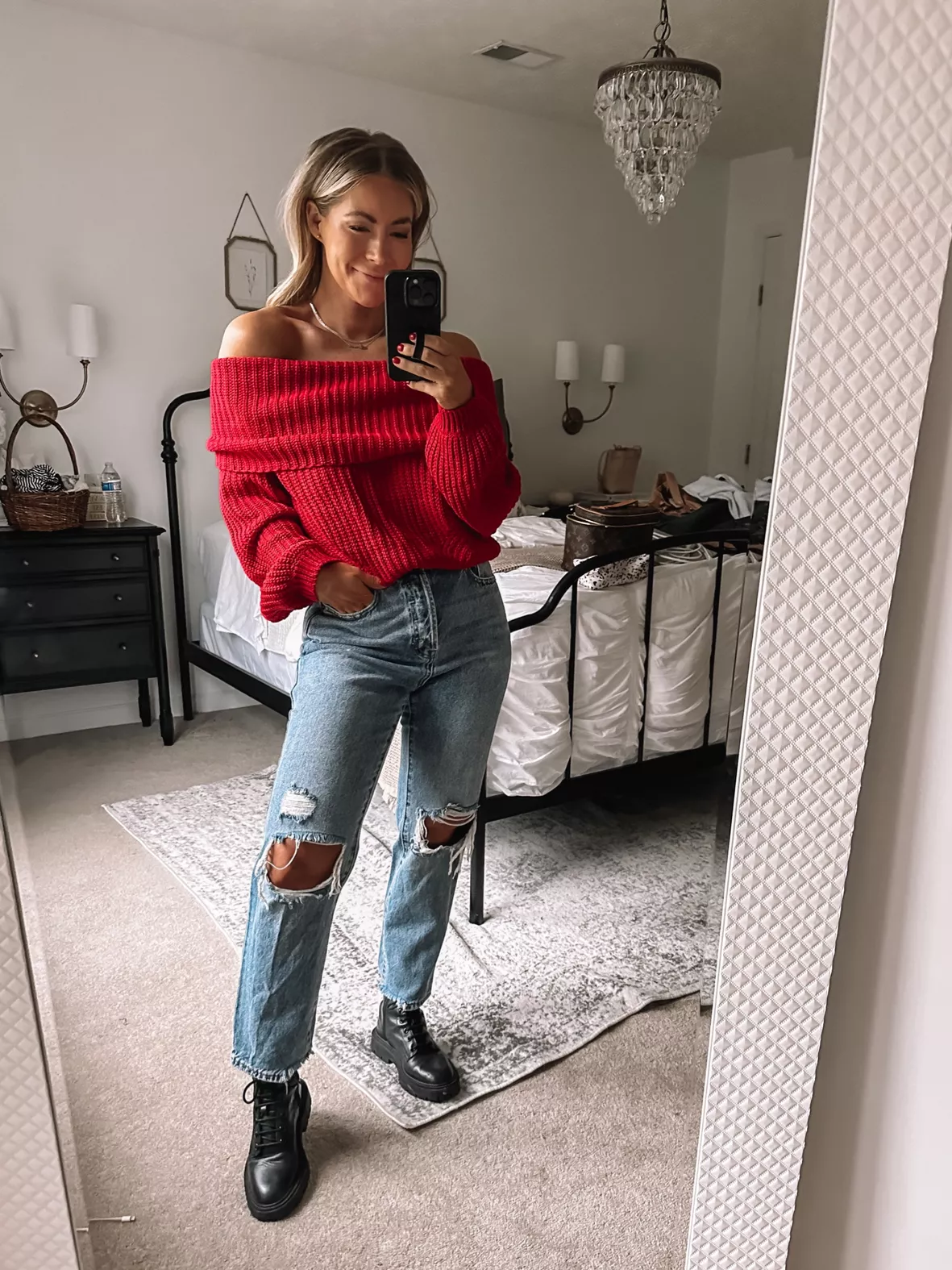 Carmichael Red Off-the-Shoulder Knit Sweater