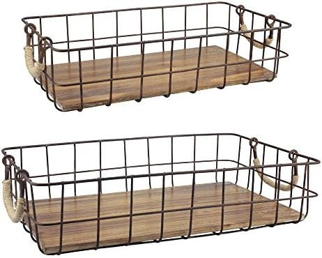Stonebriar Stackable 2pc Rectangle Metal Wire and Wood Basket Set with Rope Wrapped Handles, Rust... | Amazon (US)