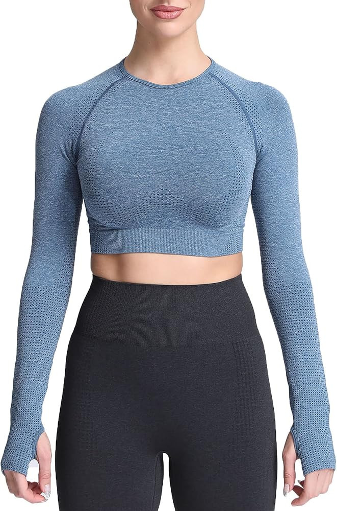 Aoxjox Long Sleeve Crop Tops for Women Workout Seamless Cropped T Shirt Top | Amazon (US)