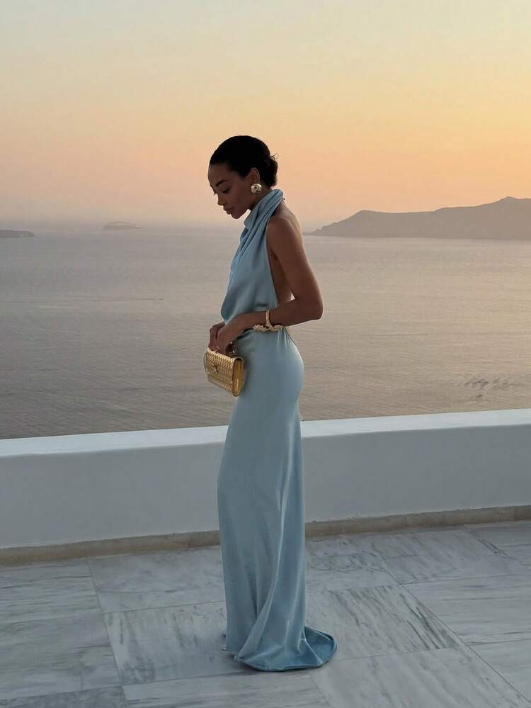 Solid Color Tie-Waist Backless Mid-Length Dress, Perfect For Formal Banquets, Weddings, Parties, ... | SHEIN