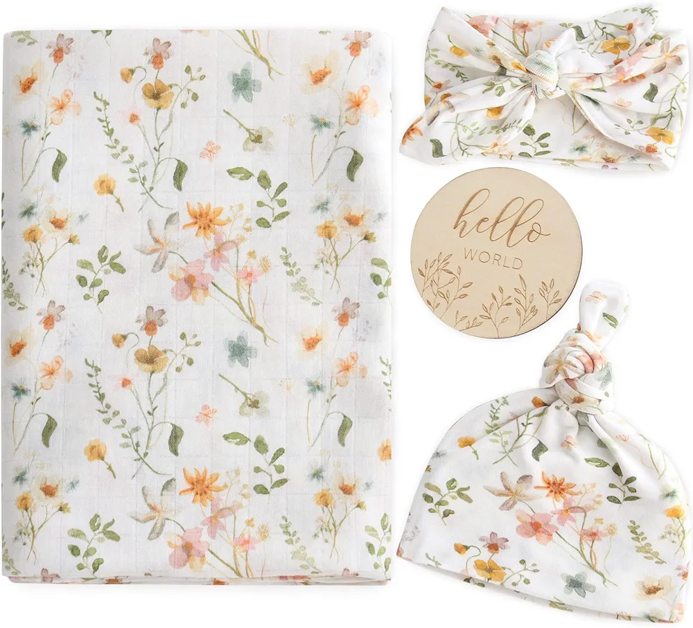 LifeTree Newborn Swaddle Set with Matching Hat and Bow Set, Wooden Birth Announcement Card, Flora... | Amazon (US)