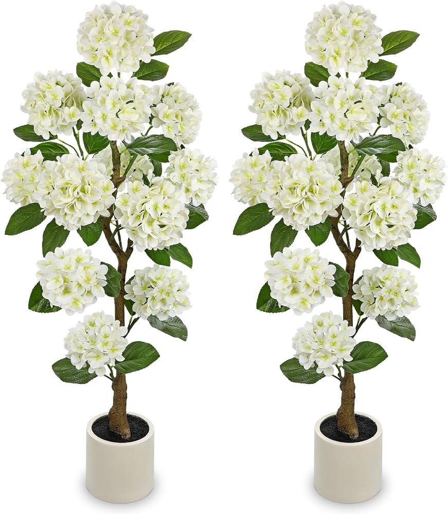 4FT White Hydrangea Artificial Flowers Tree Large Real Touch Faux Silk Hydrangea Plants Potted Fa... | Amazon (US)