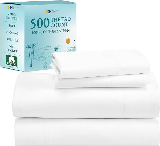 California Design Den 500 Thread Count 100% Cotton Sheets, 4 Piece Queen Size Sheet Set, Cooling ... | Amazon (US)