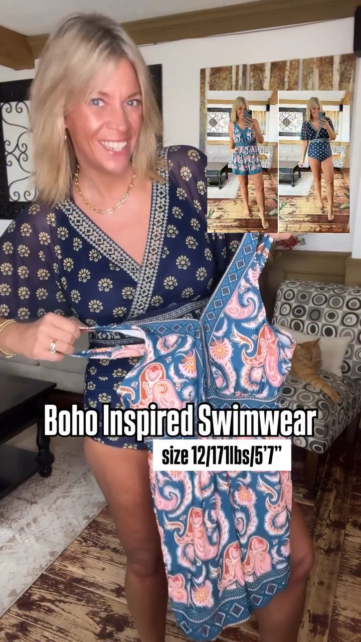 boho inspired swimwear styles. The one piece offers great arm coverage with tummy ruching and the swim romper has pockets and great support !! Which is your fave- tell me below ⬇️

#LTKOver40 #LTKSeasonal #LTKMidsize