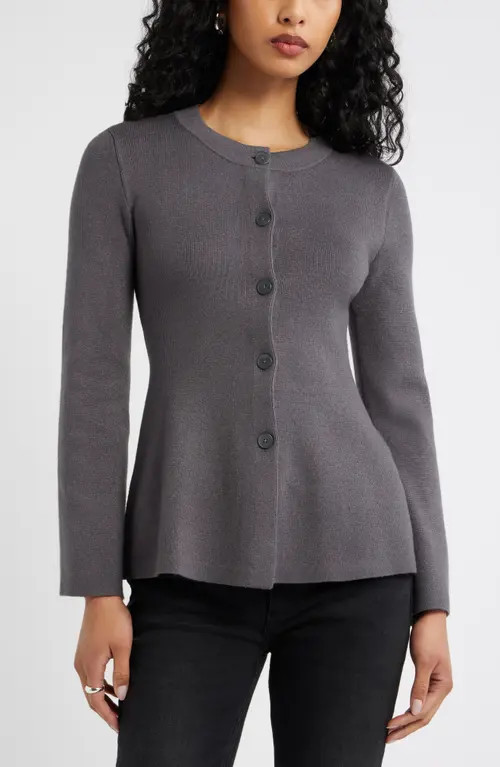 Open Edit Button Front Peplum Cardigan in Grey Medium Charcoal Heather at Nordstrom, Size X-Large | Nordstrom