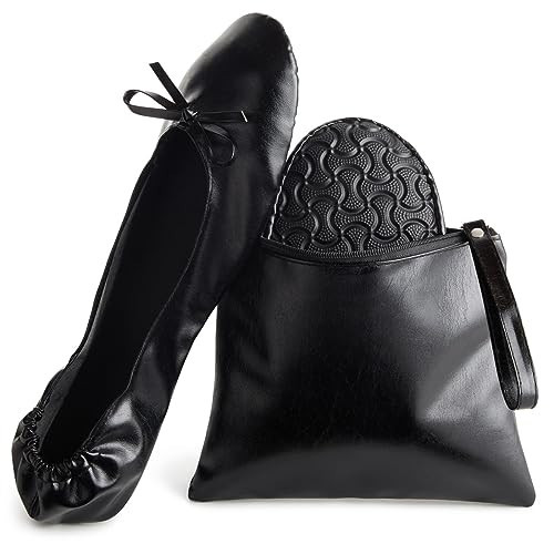 Glamlily Foldable Ballet Flats for Women - Ballet Slippers & Ballerina Shoes - Fabric Lining & Anti-Slip Sole for Travel Shoes - Foldable Flats for Women Purse Zipper Pouch - Black, US Size 7-8 | Amazon (US)