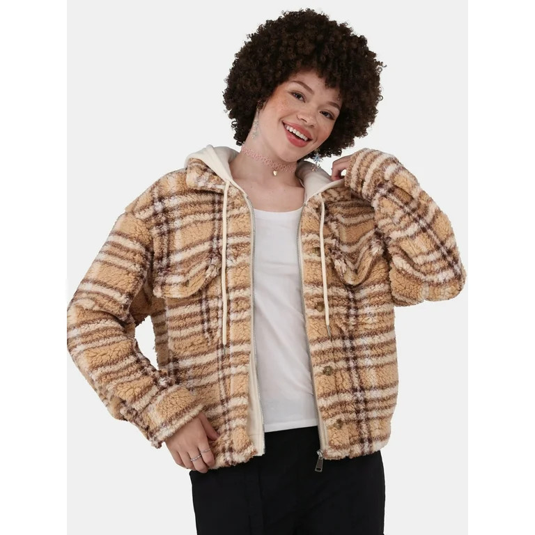 No Boundaries Plush Hoodie Shacket, Women's - Walmart.com | Walmart (US)
