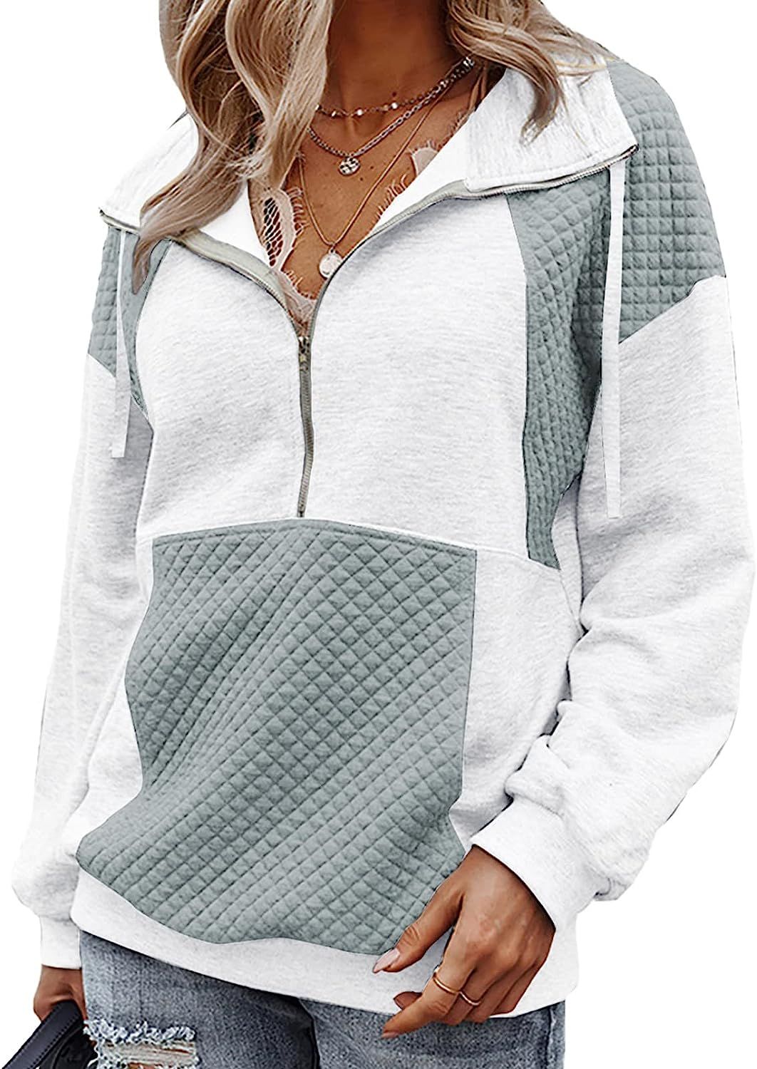 SHEWIN Women's Casual Long Sleeve Lapel Drawstring Half Zip Sweatshirt Quilted Pullover Tops | Amazon (US)