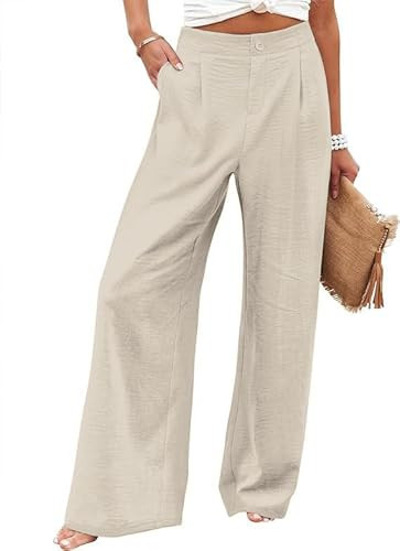 JEKAOYI Womens Casual Linen High Waist Wide Leg Pants Palazzo Boho Flowy Beach Vacation Lounge Trousers with Pockets Khaki | Amazon (US)
