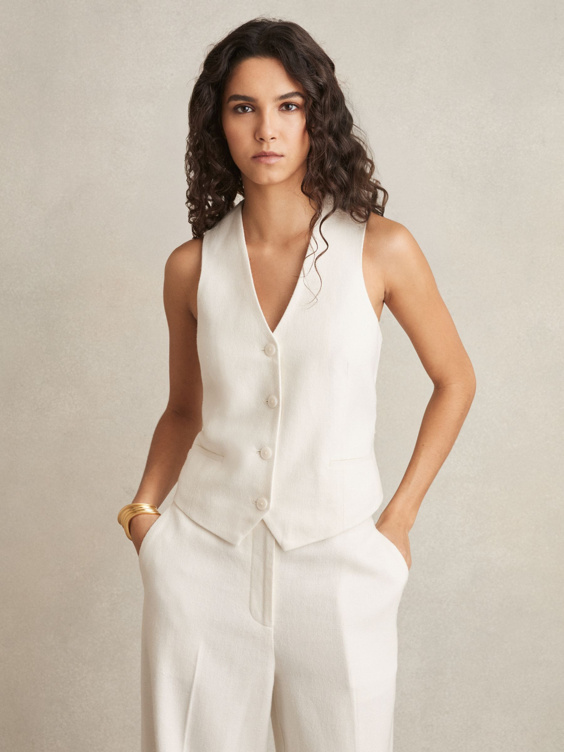 Linen-Blend Button-Through Waistcoat in White | Reiss UK