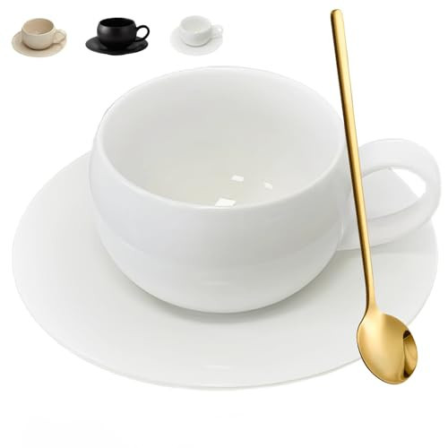 ARISKEY Cute Coffee Mug Set of 2,9.5oz/280ml Ceramic Tea Cup and Saucer Set with Spoon Perfect for Latte and Milk,Gift for Mother,Friends and Family(Pure White) | Amazon (US)