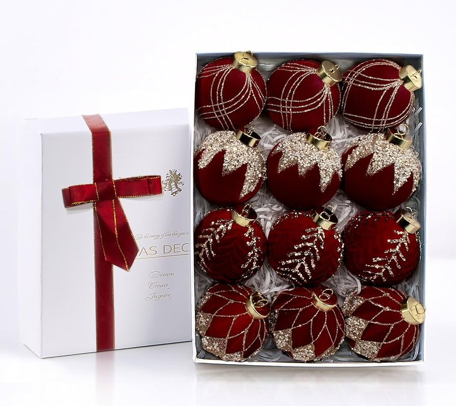 12PCS Velvet Glitter Christmas Ball Ornaments, 3.15 Inches Luxury Christmas Decorations, Elegance... | Amazon (US)