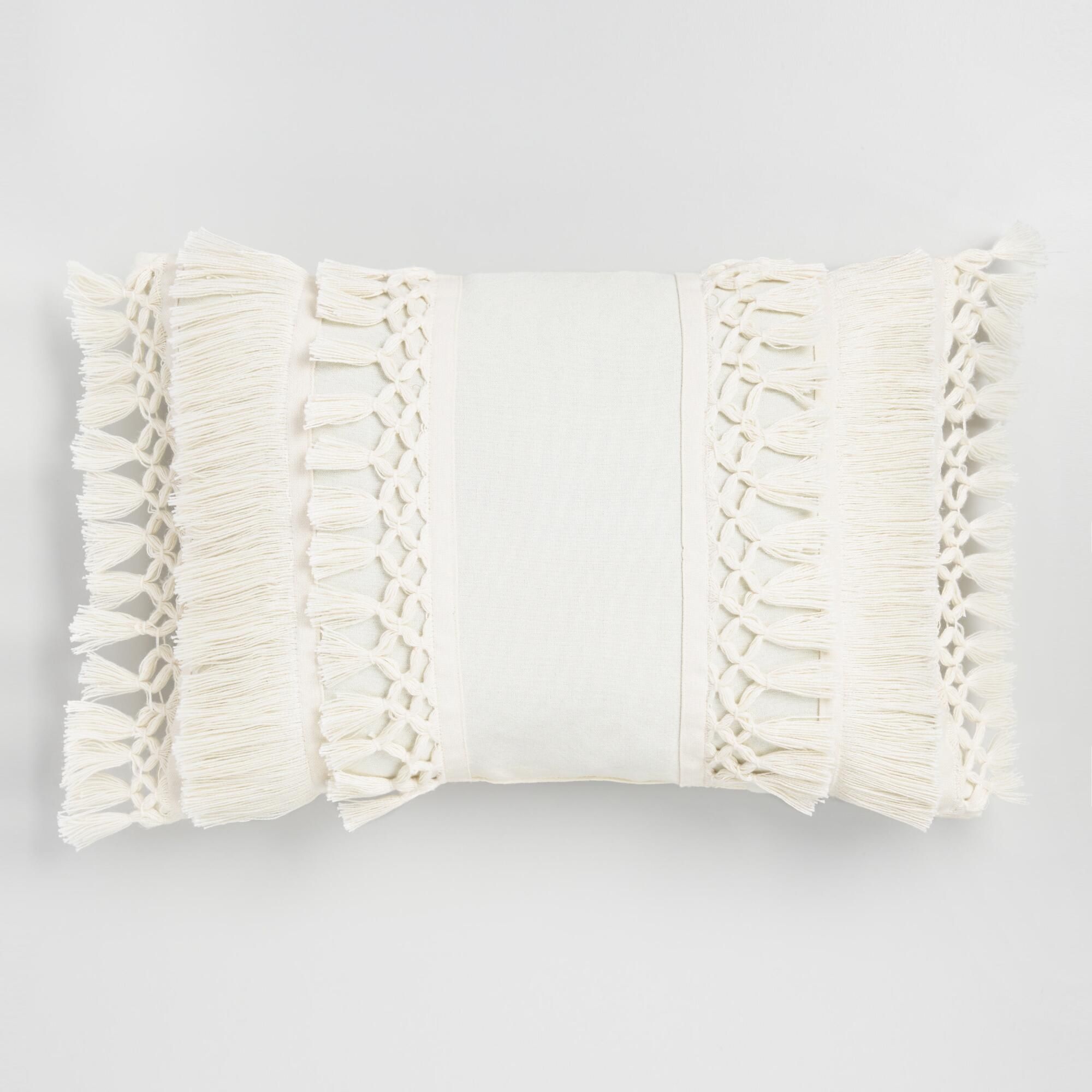 Ivory Fringe Indoor Outdoor Patio Lumbar Pillow: White - Polyester by World Market | World Market