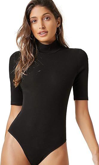 Verdusa Women's Basic Mock Neck Short Sleeve Solid Bodycon Tee Bodysuit Top | Amazon (US)