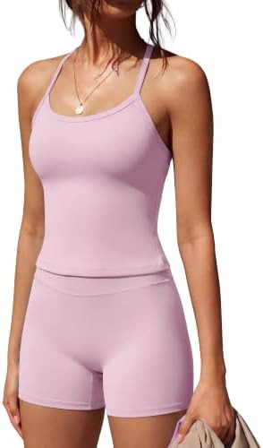 SUUKSESS Women 2 Piece Workout Sets High Waisted Tummy Control Biker Shorts Halter Padded Tank To... | Amazon (US)