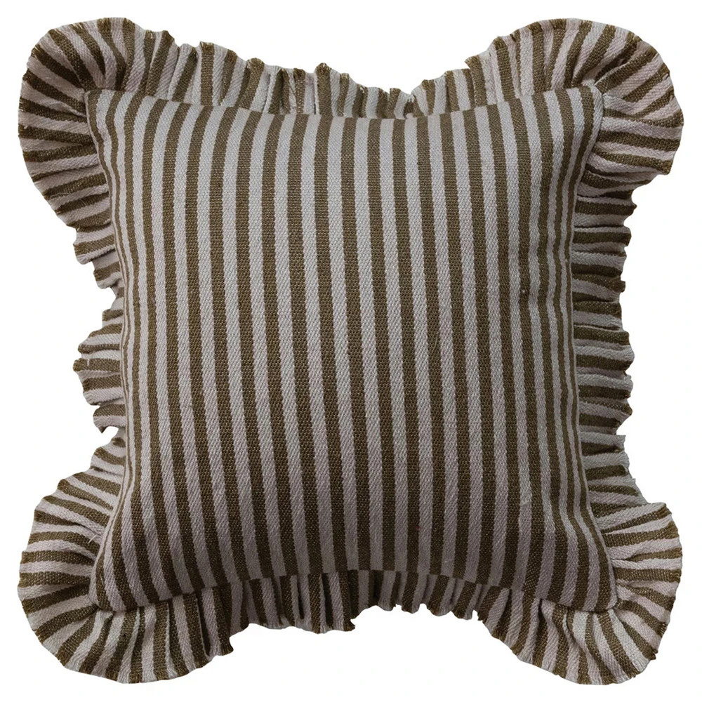 Valmere Tan Striped Ruffled Indoor Outdoor Throw Pillow -  18x18 | Kathy Kuo Home