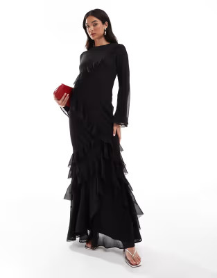 ASOS DESIGN fluted long sleeve extreme ruffle maxi dress in black | ASOS (Global)