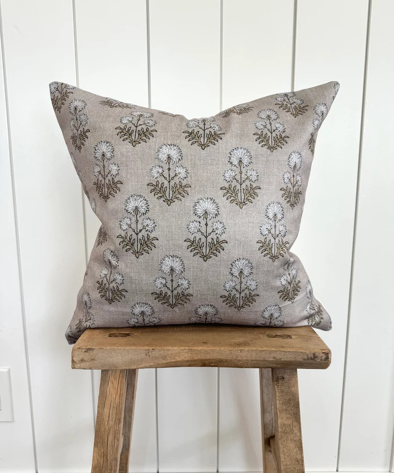 White Floral Block Print Pillow Cover Designer Fabric Modern Farmhouse Neutral Home Decor 18x18 2... | Etsy (US)