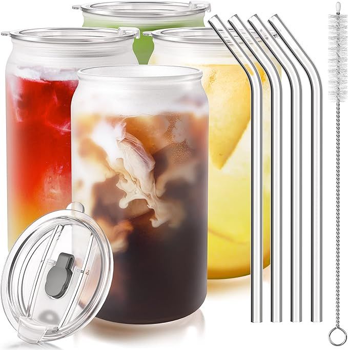 Lunnix Drinking Glasses with Lids and Glass Straw 4pcs Set - 16oz Can Shaped Glass Cups, Beer Gla... | Amazon (US)