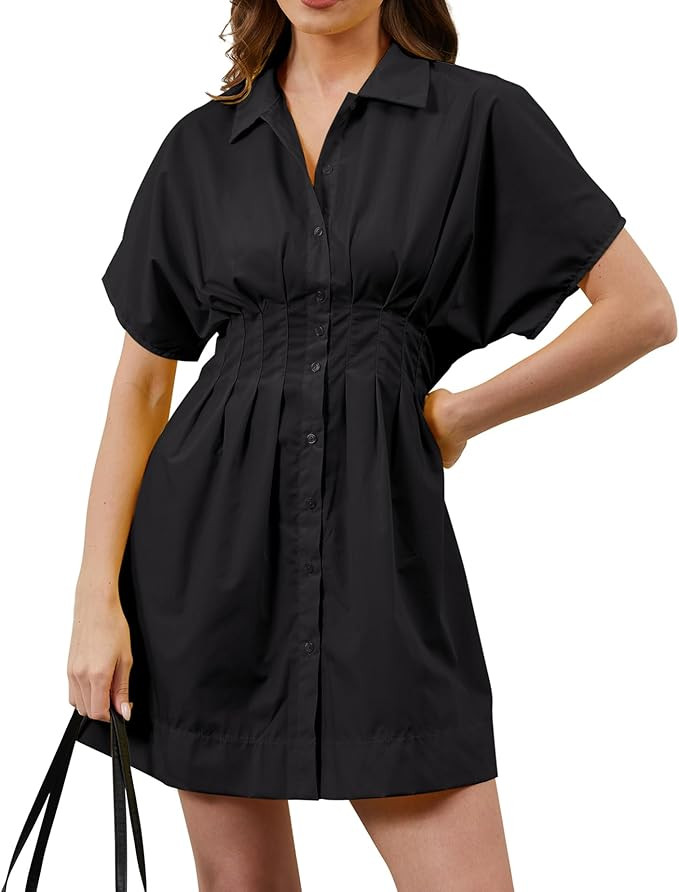 Women Button Front Pleated Mini Shirt Dress Summer Short Sleeve Striped Blouse Casual Corset Dres... | Amazon (US)