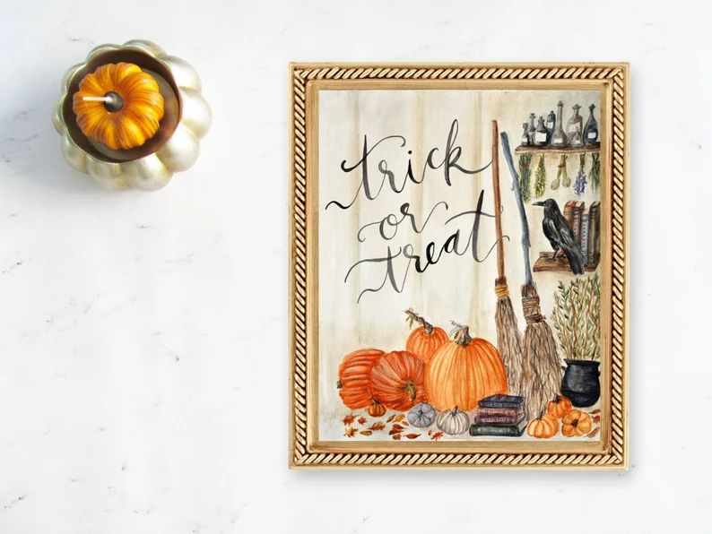 Halloween Art Print / Trick or Treat / Autumn Gifts / Halloween Wall Art / Raven / Broomstick / W... | Etsy (US)