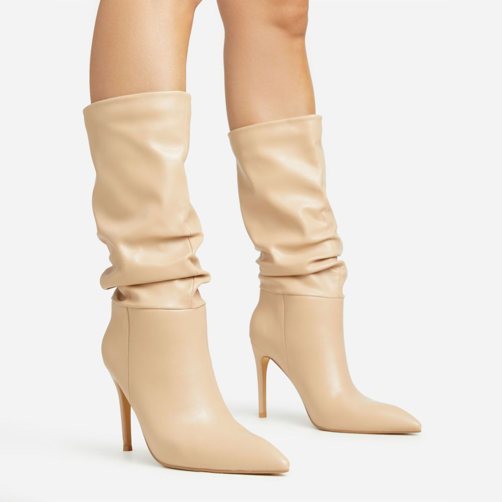 Biscuit Ruched Detail Pointed Toe Stiletto Heel Mid Calf Boot In Nude Faux Leather | EGO Shoes (US & Canada)