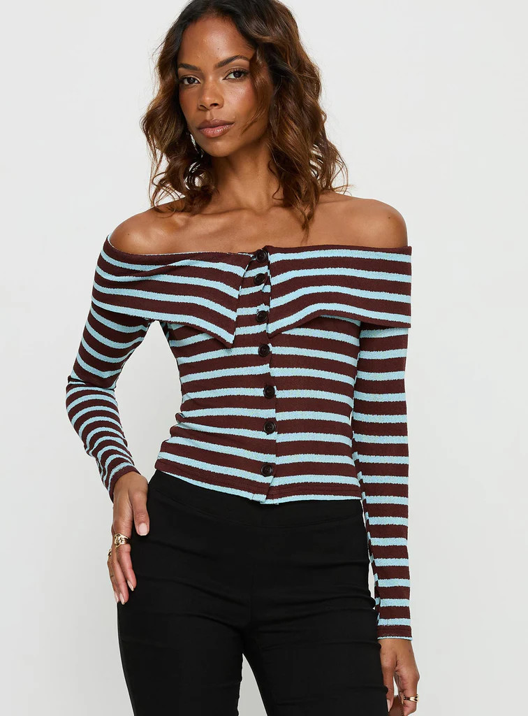 Raelena Off Shoulder Long Sleeve Top Blue / Brown Stripe | Princess Polly US