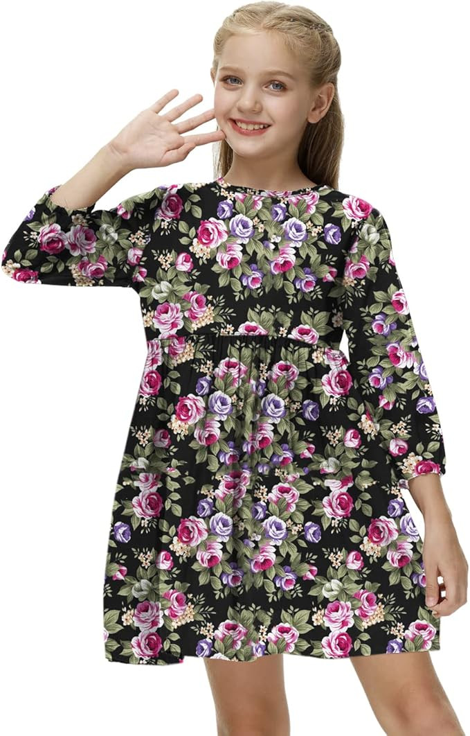 Remimi Girls Long Sleeve Floral Print Button Back Dress | Amazon (US)